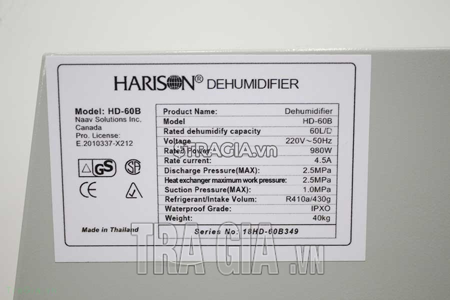 Thông số máy hút ẩm Harison HD-60B